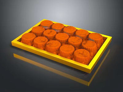 Orange Cup Shaped Pastries Arranged In Yellow Tray With Glossy Surface 3d model