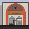 Modern Storefront with Orange White Arched Entrance Grid Design Whole House Design Sign and Trees