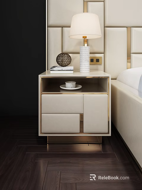 Elegant Modern Bedroom Bedside Table With Beige Drawers Gold Accents Decorative Ball Vase Books Teacup 3d model 
