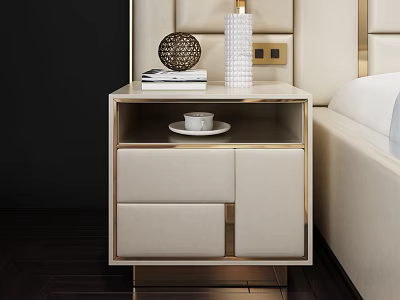 Elegant Modern Bedroom Bedside Table With Beige Drawers Gold Accents Decorative Ball Vase Books Teacup 3d model