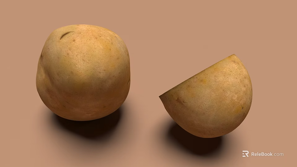Two Whole and Sliced Potatoes on Brown Background with Natural Look 3d model 