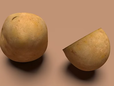 Two Whole and Sliced Potatoes on Brown Background with Natural Look 3d model
