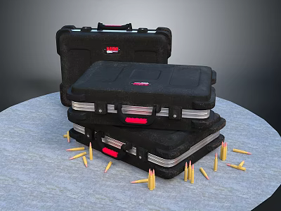 Black Hard Shell Weapon Cases Stacked With Red Labels And Yellow Bullets Around 3d model