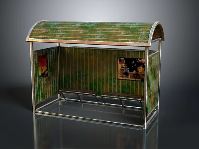 Bus Stop Structure With Curved Roof Vertical Slats Posters And Bench 3d model