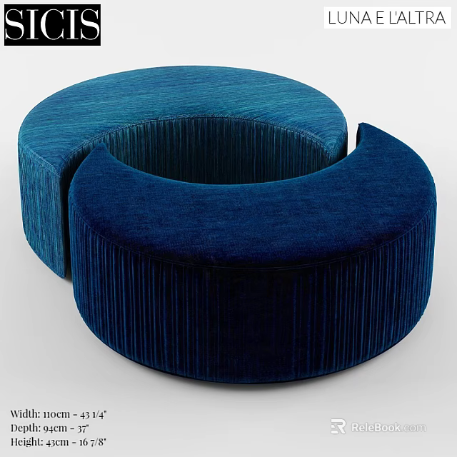 Blue Ribbed Velvet Ottoman With Curved Semi Circular Design For Modern Living Room Decor 3d model 