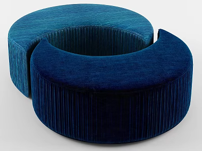 Blue Ribbed Velvet Ottoman With Curved Semi Circular Design For Modern Living Room Decor 3d model