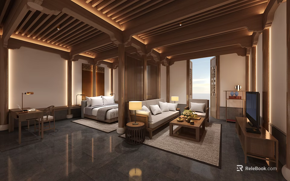 Hotel Room Interior With Wooden Ceiling King Bed Sofa Area Coffee Table And TV 3d model 