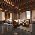 Hotel Room Interior With Wooden Ceiling King Bed Sofa Area Coffee Table And TV