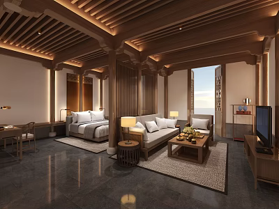 Hotel Room Interior With Wooden Ceiling King Bed Sofa Area Coffee Table And TV 3d model