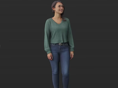 Woman Standing in Green V Neck Sweater and Blue Jeans Against Dark Background 3d model