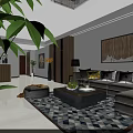 Modern Living Dining Room Interior With Sofa Coffee Table TV Light Fixture And Dining Set