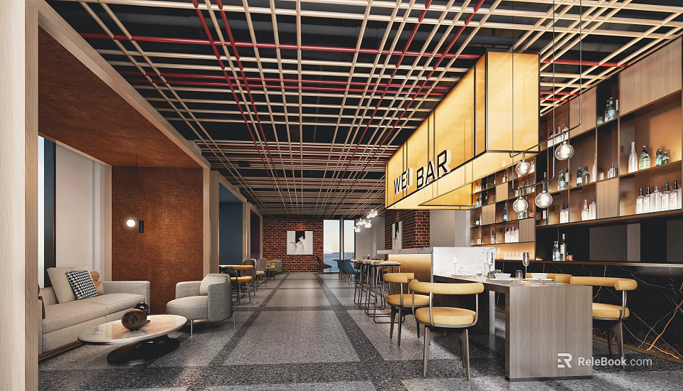 Modern Bar Interior Design With Sofas Bar Stools And Shelves 3d model