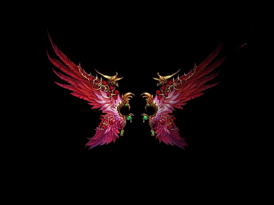 Ornate Symmetrical Wings With Red Pink Feathers Golden Decor And Green Gems 3d model