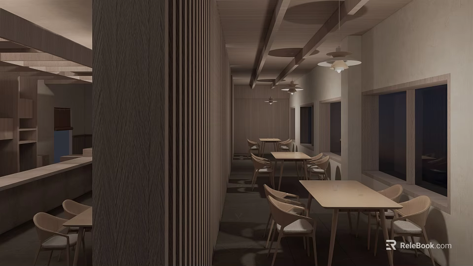 Modern Restaurant Interior With Wooden Decor Tables Chairs And Pendant Lights 3d model 