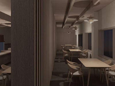 Modern Restaurant Interior With Wooden Decor Tables Chairs And Pendant Lights 3d model
