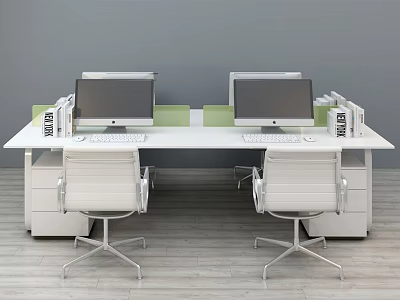 Modern White Office Desk With Two Computer Monitors Green Dividers White Chairs And Filing Cabinets 3d model