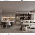 Modern Dining and Living Room With Sofa Dining Table Pendant Light and Storage Cabinets