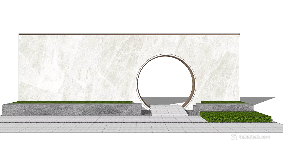 Modern Feature Wall With White Marble Texture Circular Archway Steps And Green Plants 3d model