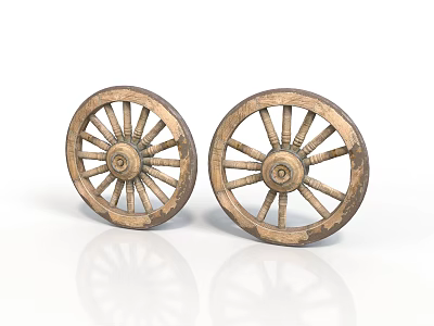 Pair of Vintage Wooden Wheels With Intricate Carved Spokes And Rustic Wood Texture 3d model