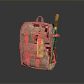 Beige Backpack With Orange Buckles Multiple Pockets And Red Stick For Daily Life Use 3d model
