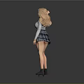 Blonde Woman In Gray Long Sleeve Top And Plaid Skirt Standing With Hand On Head