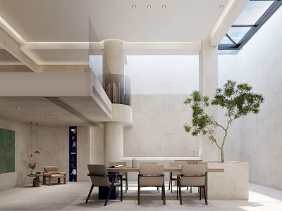 Basement Interior With Modern Design Skylight Natural Light Dining Table And Green Plant 3d model