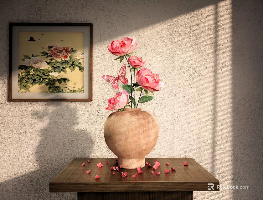Elegant Decorative Ornament Set With Pink Roses Butterflies Petals On Wooden Table And Wall Painting 3d model 