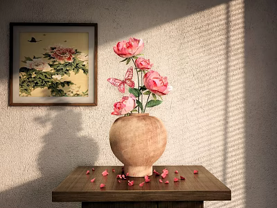 Elegant Decorative Ornament Set With Pink Roses Butterflies Petals On Wooden Table And Wall Painting 3d model
