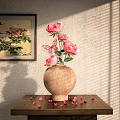 Elegant Decorative Ornament Set With Pink Roses Butterflies Petals On Wooden Table And Wall Painting