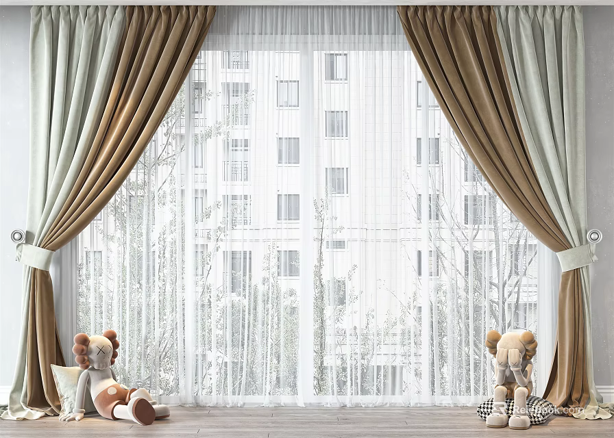 Double Layer Beige Brown Curtains With White Sheer And Stuffed Bears By Urban Window 3d model 