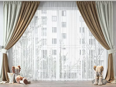 Double Layer Beige Brown Curtains With White Sheer And Stuffed Bears By Urban Window 3d model