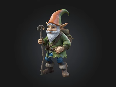 Colorful Gnome Figure With Orange Pointed Hat White Beard Green Outfit And Walking Stick 3d model