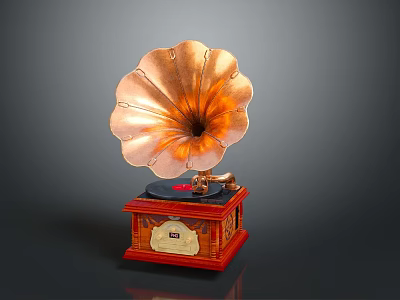 Vintage Gramophone With Brass Horn Wooden Base Vinyl Record And Decorative Details 3d model