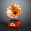 Vintage Gramophone With Brass Horn Wooden Base Vinyl Record And Decorative Details