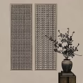 Brown Geometric Carved Screen with White Flower Vase on Light Wall