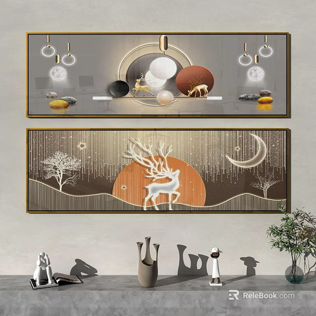 Modern Interior Wall Art With Deer Moon Tree And Sun Elements 3d model