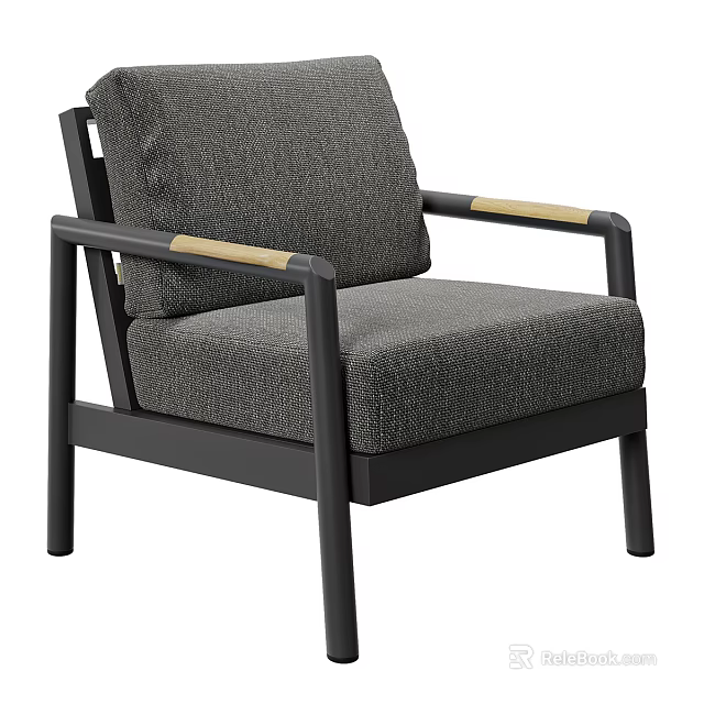 Modern Minimalist Single Sofa With Gray Fabric Cushion Black Frame And Wooden Arms 3d model 