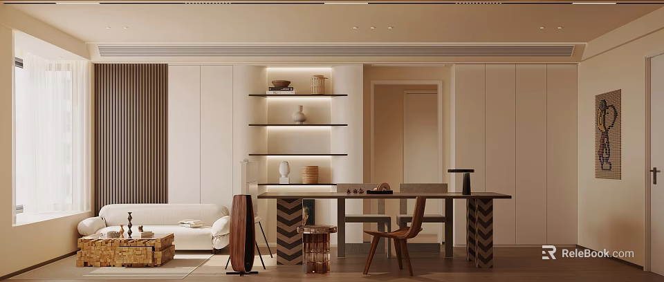 Modern Living Dining Room Interior With Sofa Dining Table Chairs And Decorative Shelves 3d model