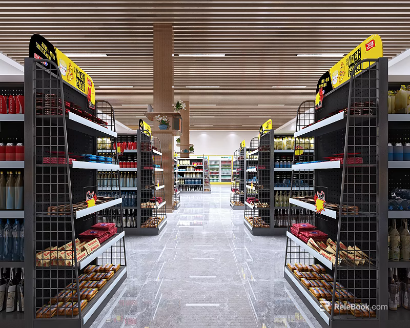 Supermarket Department Store Interior With Shelves Products Promotion Tags And Aisles 3d model 