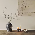 Black White Textured Vase Holding Slender Branches Small Fruits On Table With Candles Background Painting
