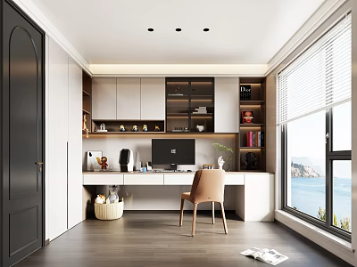 Modern Home Office Interior Design With Wooden Desk Chair Bookshelf And Sea View Window 3d model
