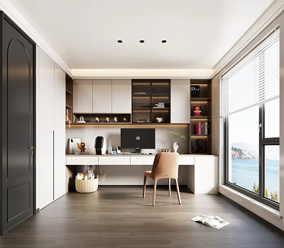Modern Home Office Interior Design With Wooden Desk Chair Bookshelf And Sea View Window 3d model