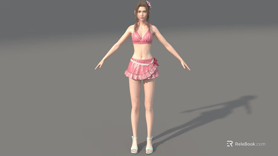 Woman Wearing Pink Bikini And Skirt With Flower Hair White Sandals Arms Outstretched Gray Background 3d model 