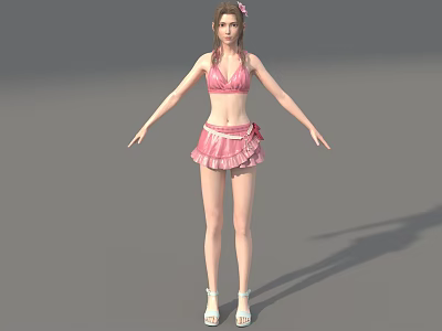Woman Wearing Pink Bikini And Skirt With Flower Hair White Sandals Arms Outstretched Gray Background 3d model