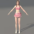 Woman Wearing Pink Bikini And Skirt With Flower Hair White Sandals Arms Outstretched Gray Background