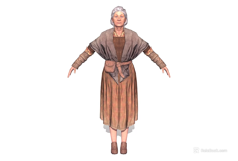 Elderly White Haired Woman Wearing Brown And Gray Robe With Arms Hanging Naturally 3d model 