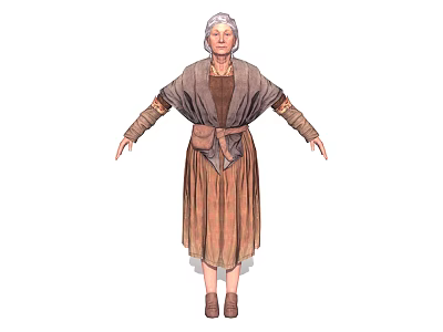 Elderly White Haired Woman Wearing Brown And Gray Robe With Arms Hanging Naturally 3d model