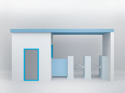 Modern White Building Structure With Blue Roof Door Frame And Turnstiles 3d model