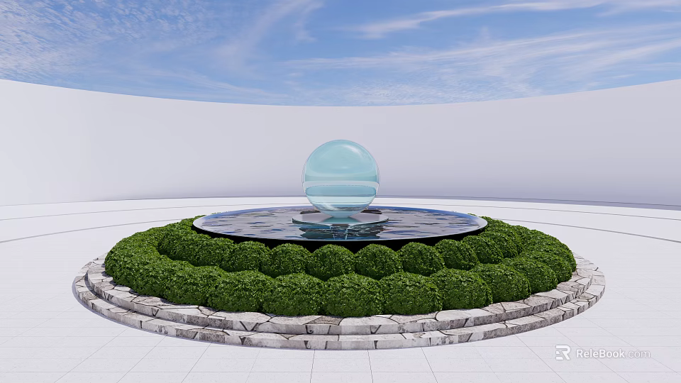 Round Garden Ornament With Transparent Sphere Fountain Water Basin Green Shrubs And Stone Border 3d model 