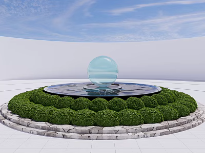 Round Garden Ornament With Transparent Sphere Fountain Water Basin Green Shrubs And Stone Border 3d model
